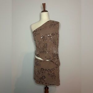 PEPPERMAYO Sequin One-Shoulder Mini Dress in Brown w/Stomach Cut Out